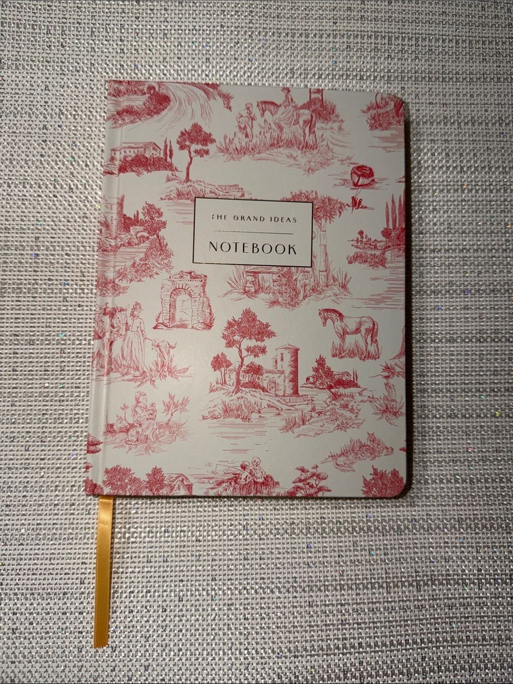 White Red Toile Print Ivory lined pages hard cover journal with a book mark